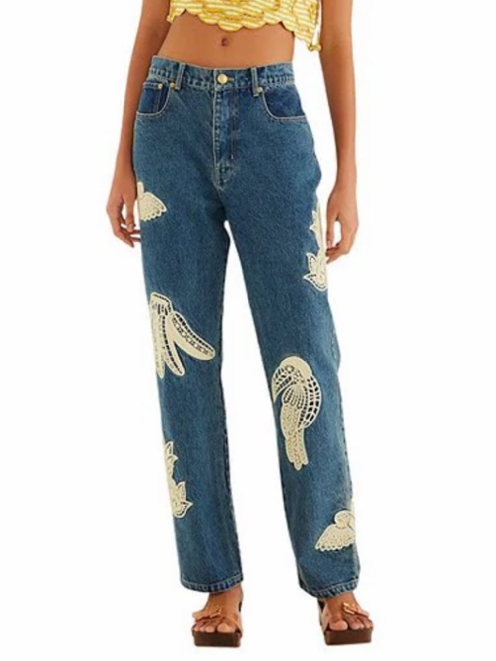 Farm Rio Birds Artisanal High Rise Straight Leg Denim Jeans